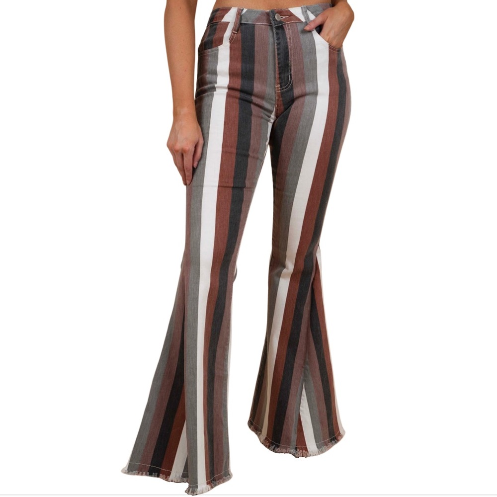 NWOT Earthy Tones Multi Color Striped Statement Flare Jeans